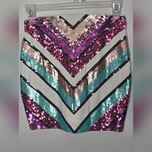 Express Pink and Teal Sequin Chevron Mini Skirt